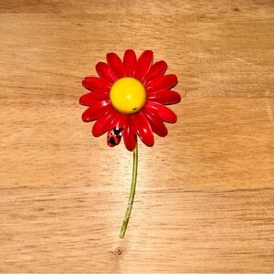Red Flower Brooch with Ladybug Accent